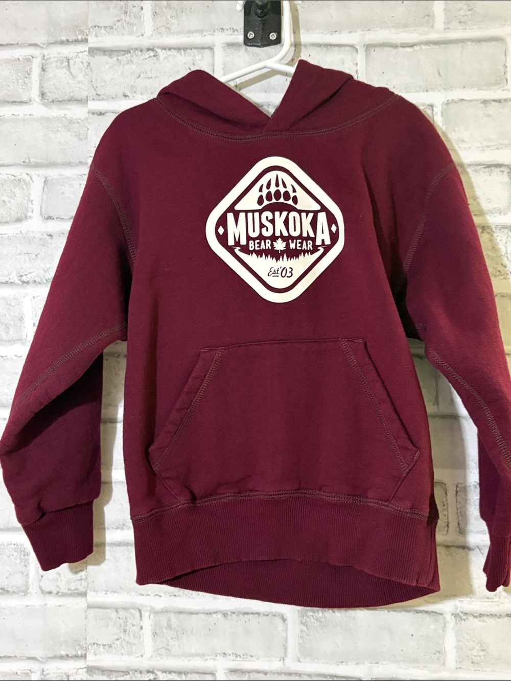 Muskoka Bear Wear Maroon Hoodie with White Logo Kids XS